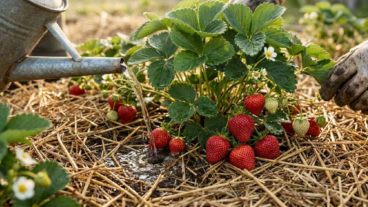 Watering and mulching strawberry plants