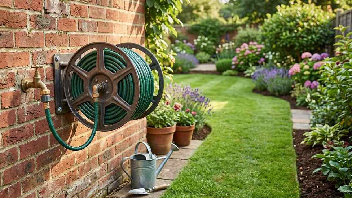 Garden hose reel beside an outdoor tap