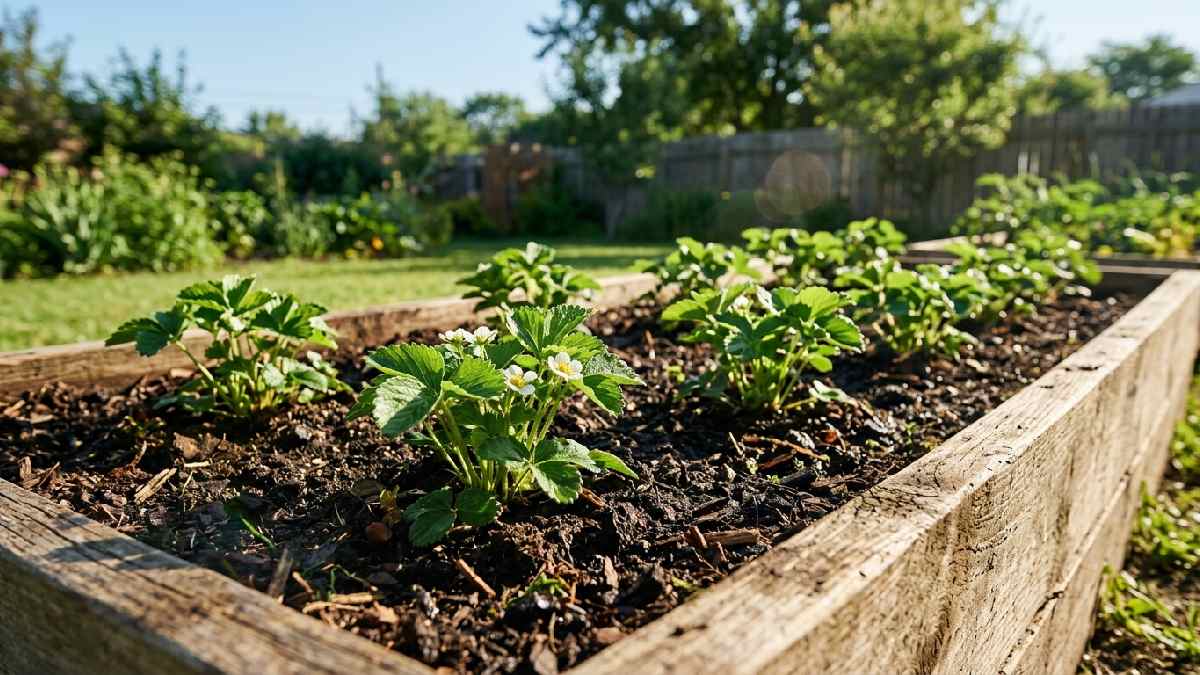 Planting strawberries in a sunny garden