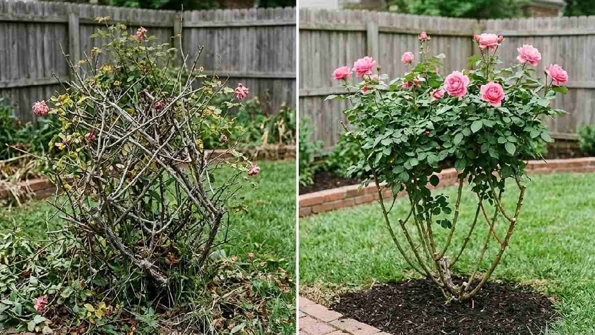 Rose bush before and after pruning