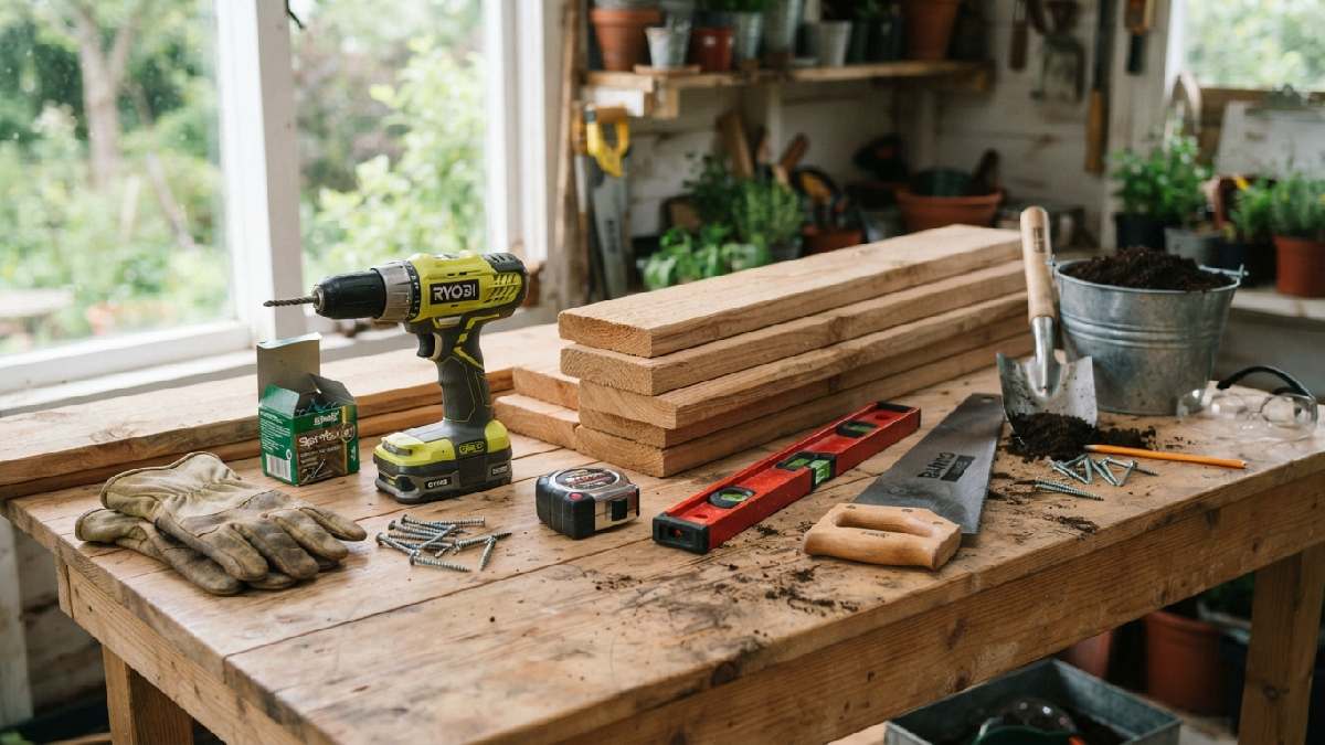 Tools and supplies needed to build a raised garden bed
